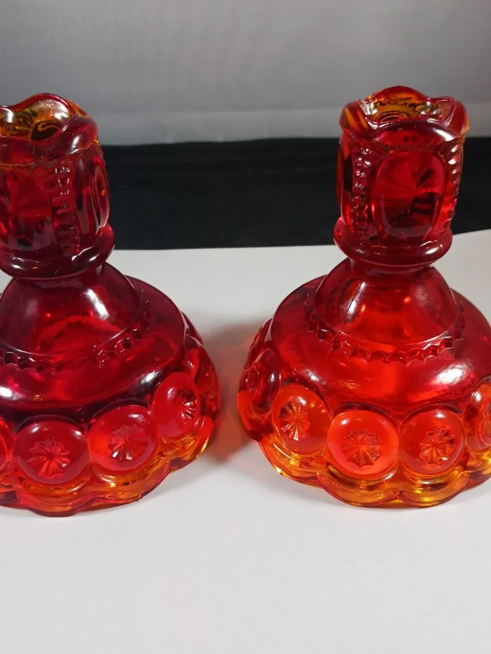 Vintage LE Smith Amberina Glass Candle Holders: Moon & Stars